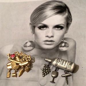 VINTAGE DANECRAFT “I LOVE BAKING” & JJ PEWTER WINE 🍷 LOVERS BROOCH SET, Signed